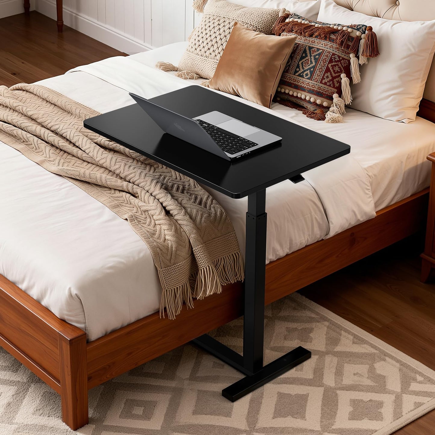 Overbed Bedside Table with Hidden Casters, Adjustable Pneumatic Mobile Laptop Computer Standing Desk, Rolling Laptop Table, Movable Overbed Table Hospital Home Use, Black
