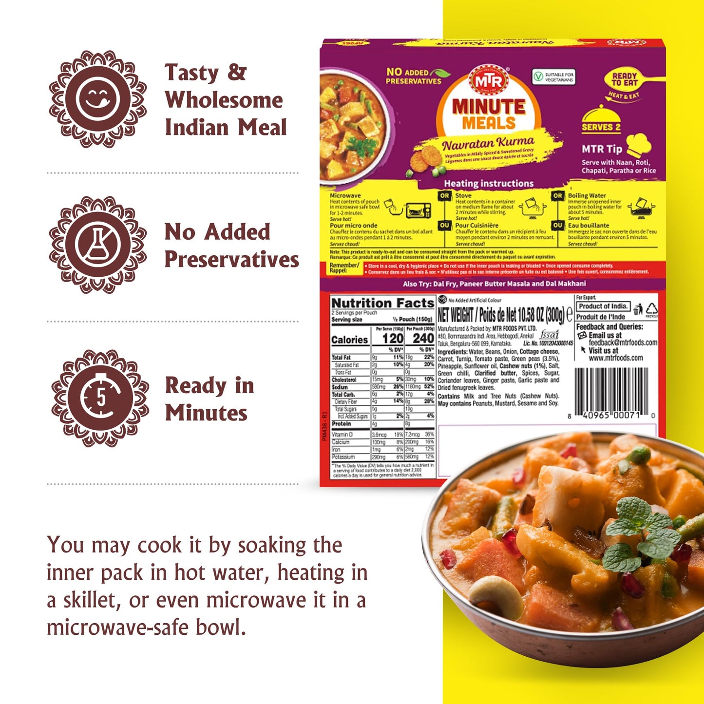 MTR - Minute Meals: Navratan Kurma - Vegetables in Mildly Spiced & Sweetened Gravy - Tasty Indian Meal with No Added Preservatives - Suitable for Vegetarians, Ready in Minutes! (Pack of 6)