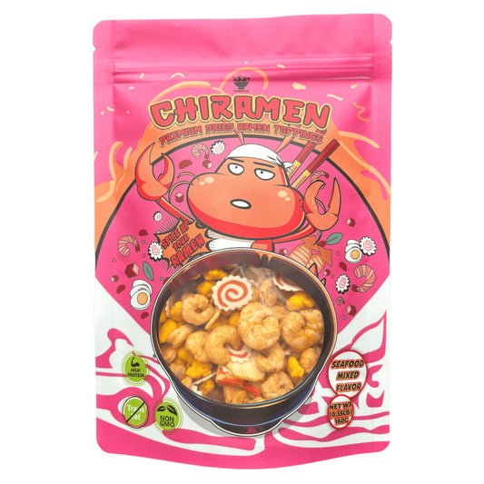 CHIRAMEN Dried Seafood Mix Ramen Toppings – Shrimp, Fish Cake, Squid, Imitation Crab & Egg – Instant Noodle Topping for Cup Noodles, Ramen Bowls & Quick Meals