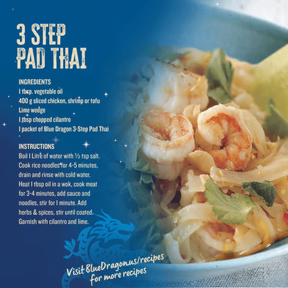 Blue Dragon Pad Thai 3 Step Cooking Sauce & Rice Noodle Kit - 7.7oz (Pack of 6) - Pre-Portioned Sachets of Dried Rice Noodles, Pad Thai Sauce, & Aromatic Herbs & Spices - Vegan, Non-GMO & Gluten-free