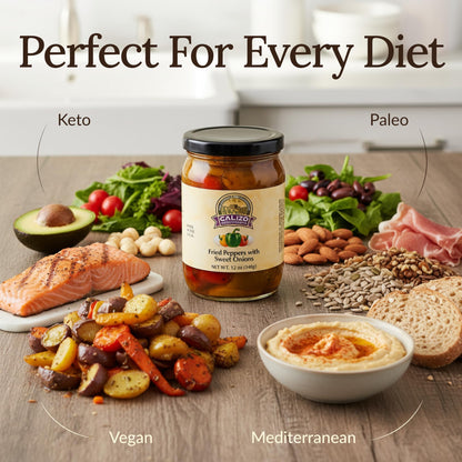 Calizo Condiments Fried Peppers & Sweet Onions 12 oz Jar – Small Batch Italian Recipe, Gourmet Topping for Sandwiches, Pasta & Meats