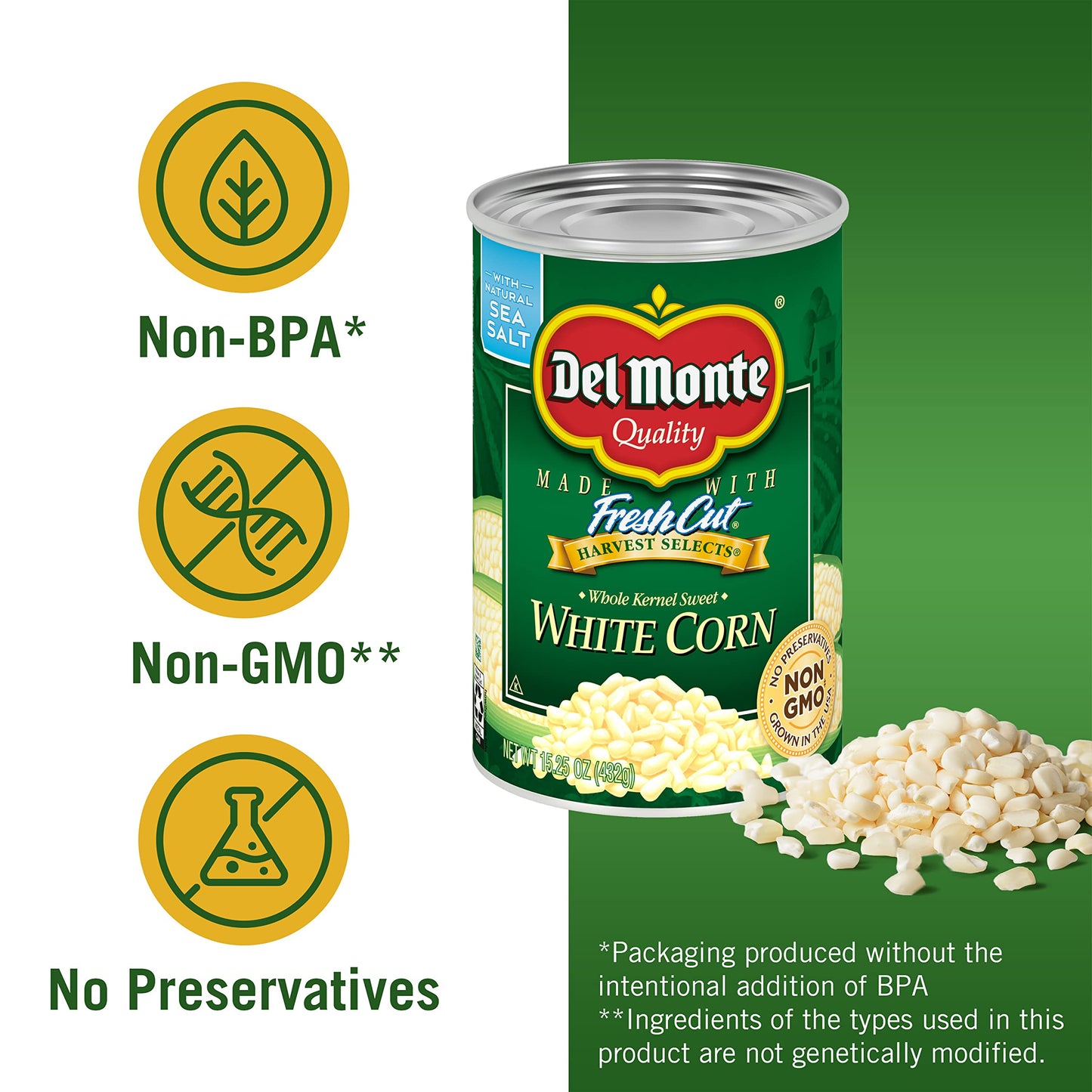 DEL MONTE FRESH CUT HARVEST SELECTS Sweet White Whole Kernel Corn, Canned Vegetables, 12 Pack, 15.25 oz Can