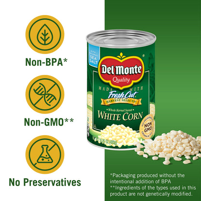 DEL MONTE FRESH CUT HARVEST SELECTS Sweet White Whole Kernel Corn, Canned Vegetables, 12 Pack, 15.25 oz Can