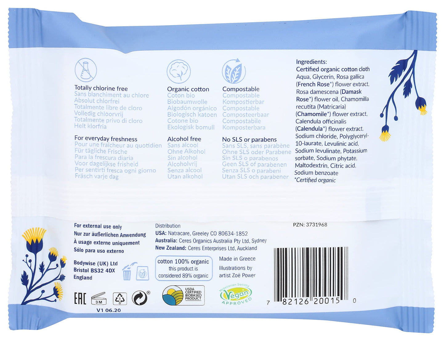 Natracare Organic Cotton Intimate Wipes Infused with Organic Essential Oils of Chamomile, Calendula and French Rose, 12 Wipes per pack (1 Pack, 12 wipes total)