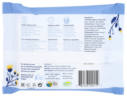 Natracare Organic Cotton Intimate Wipes Infused with Organic Essential Oils of Chamomile, Calendula and French Rose, 12 Wipes per pack (1 Pack, 12 wipes total)