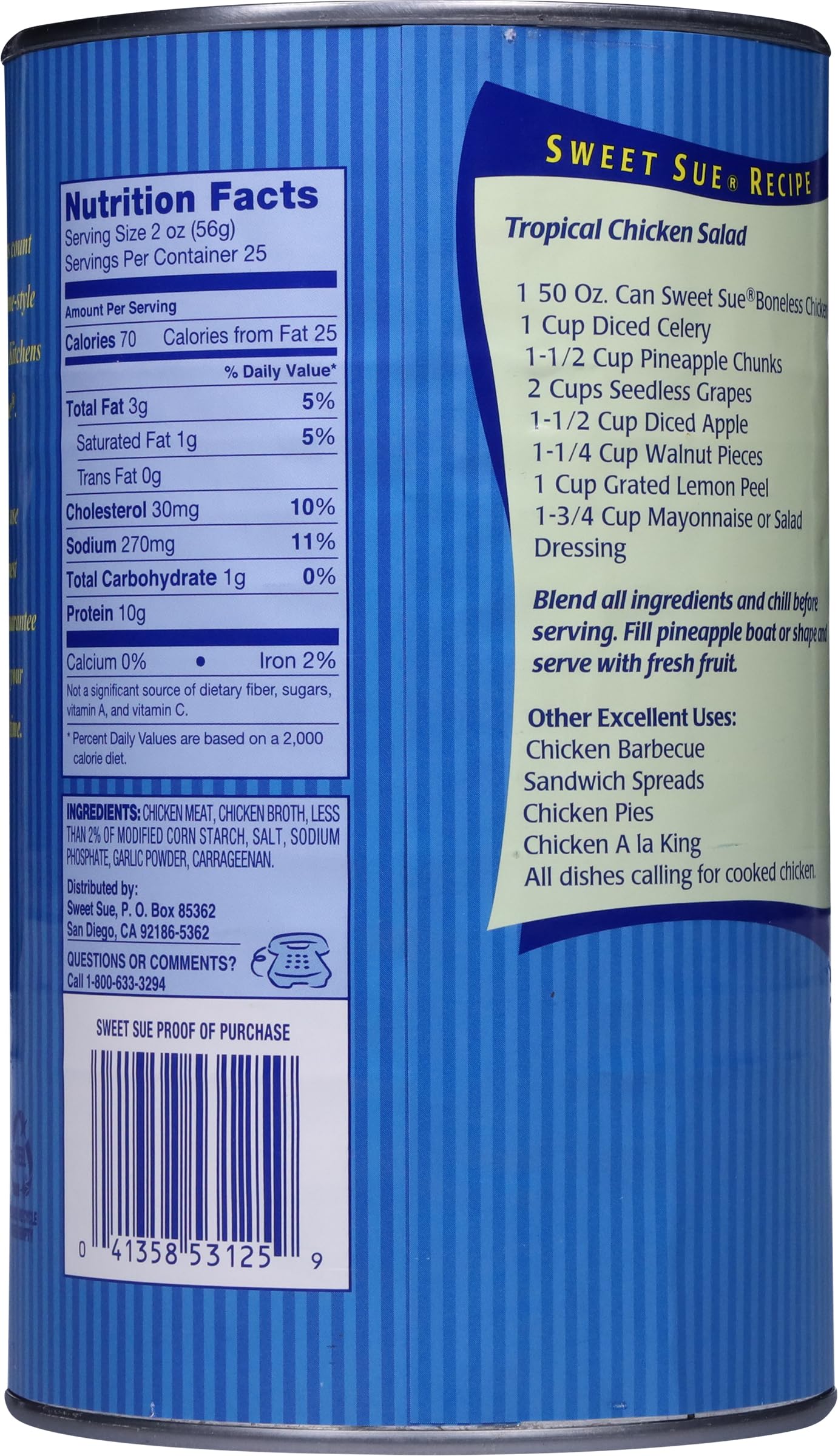 Sweet Sue Canned Boneless Chicken with Broth - 10g Protein per Serving - Gluten Free, Keto Friendly - White Chicken Chunks Great for Snack, Lunch or Dinner Recipes - 50 oz (Pack of 1)