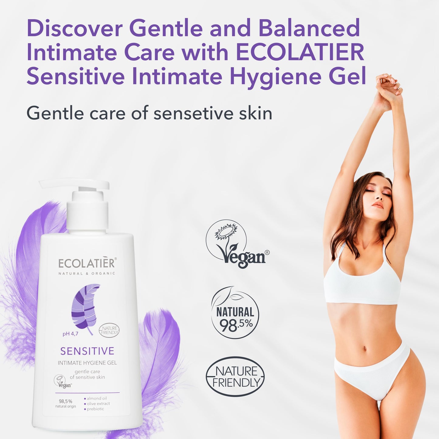 Feminine Wash Sensitive with Almond Oil & Olive Extract – 98.5% Natural, Vegan, pH 5.2 Balanced vaginal wash for woman Dry & Sensitive Skin, Restores Microflora & Moisture, 8.5 Fl Oz – ECOLATIER