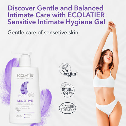 Feminine Wash Sensitive with Almond Oil & Olive Extract – 98.5% Natural, Vegan, pH 5.2 Balanced vaginal wash for woman Dry & Sensitive Skin, Restores Microflora & Moisture, 8.5 Fl Oz – ECOLATIER