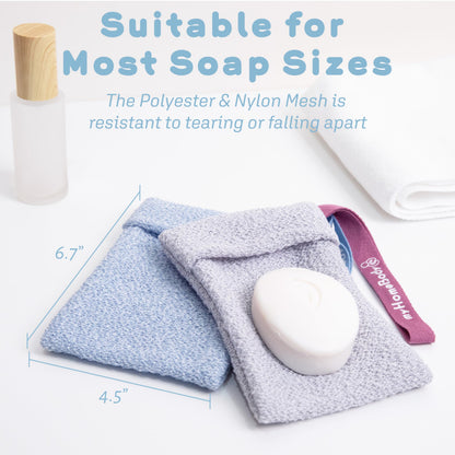 myHomeBody Soap Pocket for Gentle Exfoliating, Lather Mesh Bag, Body Scrubber Exfoliator, Pouch for Shower, Leftover Bits Saver, Light Blue, Gray - 2 Pack