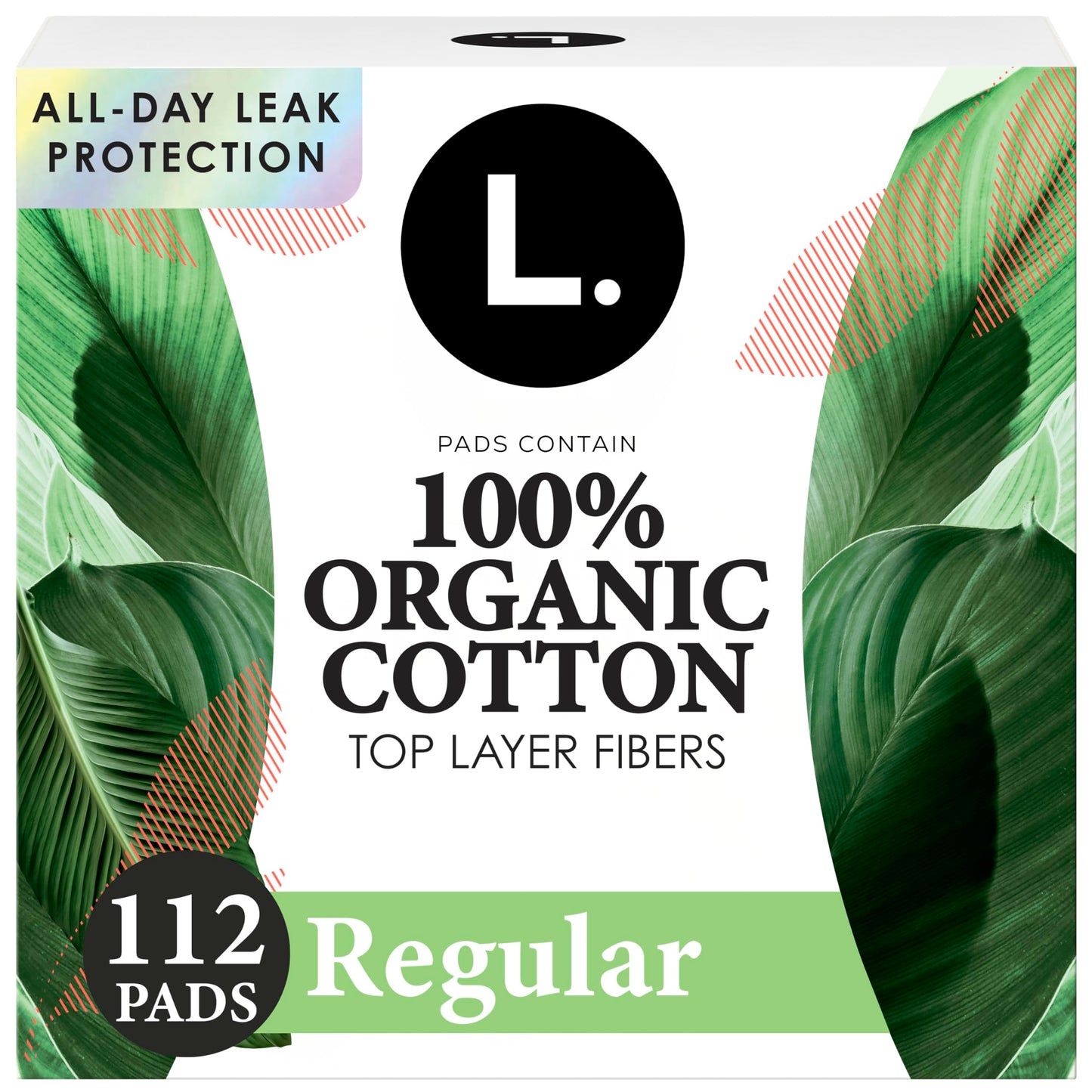L. Ultra Thin Pads for Women, Regular Absorbency, Organic Cotton Top Layer, Unscented Pads with Wings, 112 Count (4 Packs of 28)