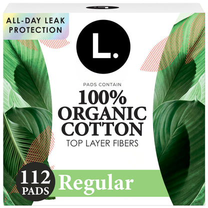 L. Ultra Thin Pads for Women, Regular Absorbency, Organic Cotton Top Layer, Unscented Pads with Wings, 112 Count (4 Packs of 28)