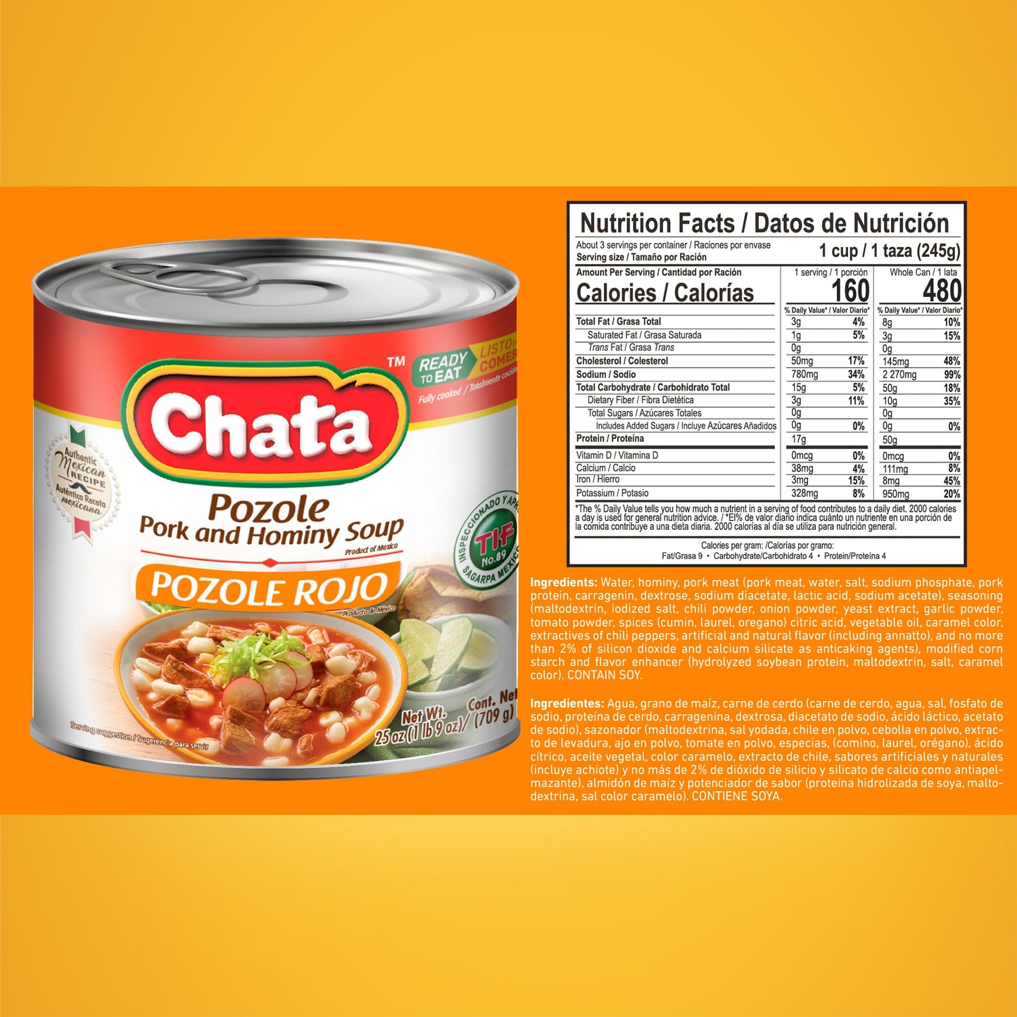 Chata Authentic Pozole Soup with Pork and Hominy Corn, 25 oz, Pack of 3