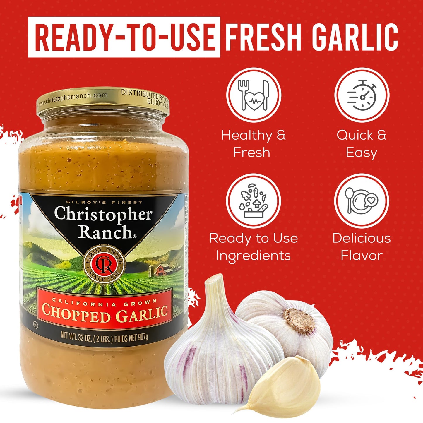 Christopher Ranch Chopped Garlic in Olive Oil, California-Grown Fresh, Ready-to-Use, Premium Quality, Gluten-Free, Vegan-Friendly, Pantry Essential, 32 oz Jar