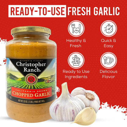 Christopher Ranch Chopped Garlic in Olive Oil, California-Grown Fresh, Ready-to-Use, Premium Quality, Gluten-Free, Vegan-Friendly, Pantry Essential, 32 oz Jar