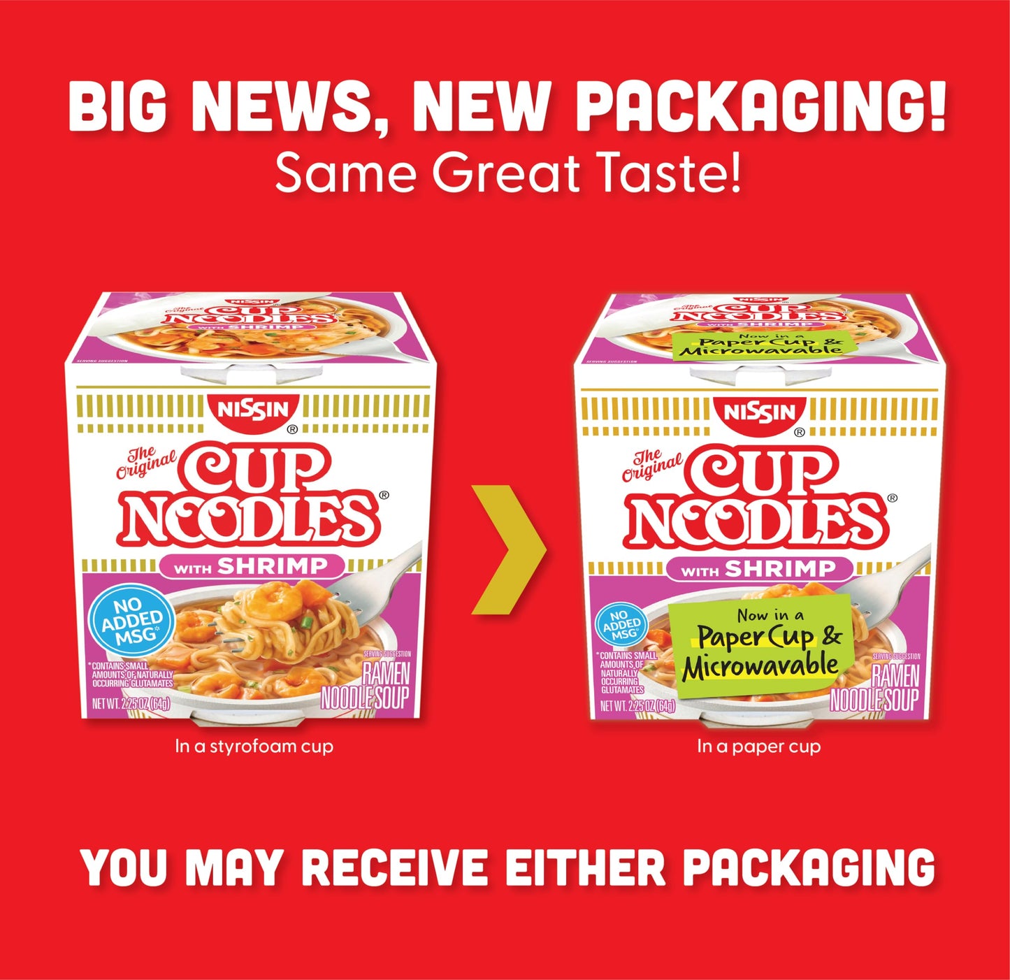 Nissin Cup Noodles Soup, Shrimp Flavor, Microwaveable Paper Cups, Instant Ramen, 2.25 Ounce (Pack of 12)