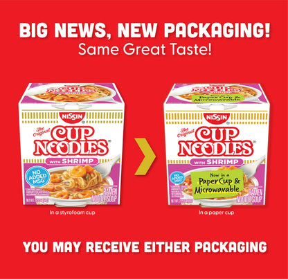 Nissin Cup Noodles Soup, Shrimp Flavor, Microwaveable Paper Cups, Instant Ramen, 2.25 Ounce (Pack of 12)