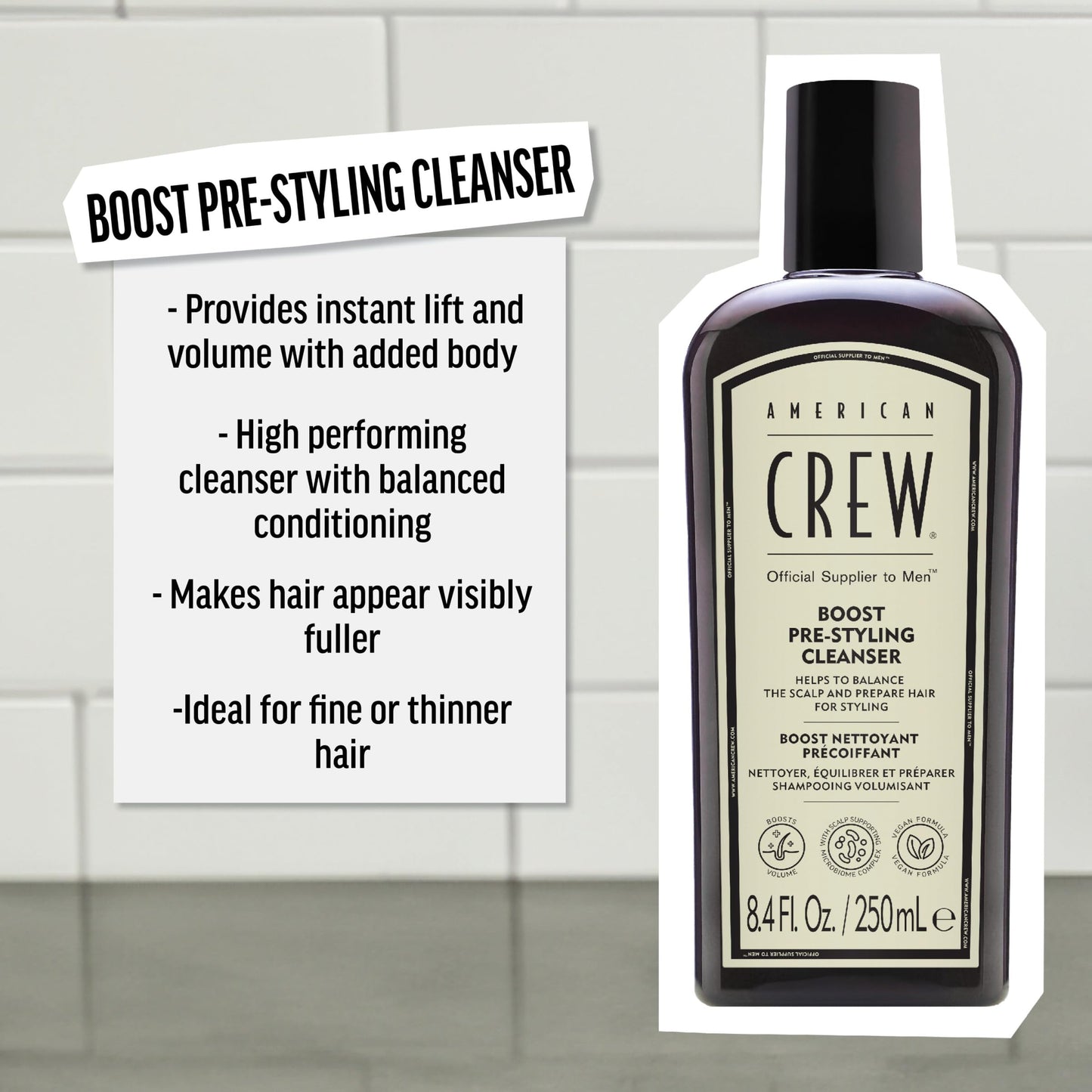 AMERICAN CREW Men's Pre Styler Boost Shampoo for Fine & Thin Hair, Instantly Volumizing Formula, Adds Volume, Lift, & Shine, Vegan, 8.4 fl oz