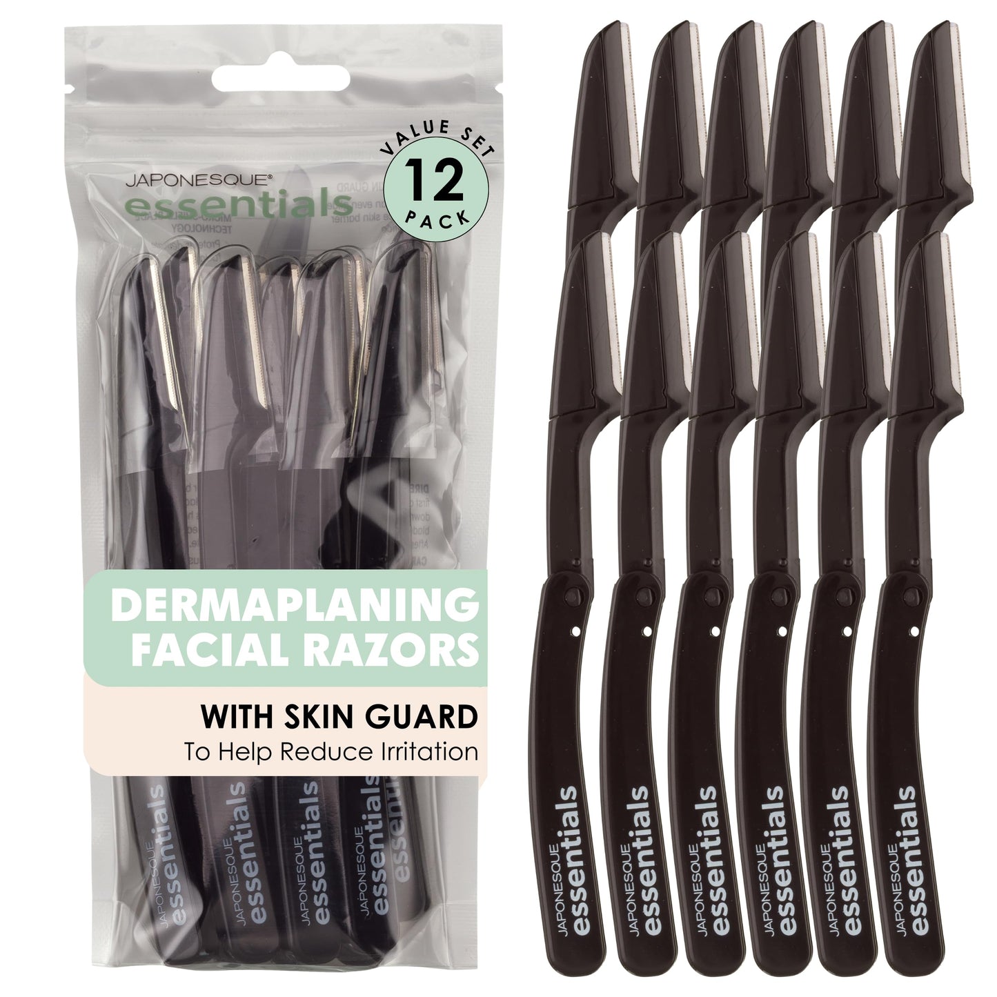 JAPONESQUE Essentials Dermaplaner Facial Hair Razors 12 Pack – Precision Blades for Peach Fuzz Removal, and Eyebrow Shaping for Men & Women