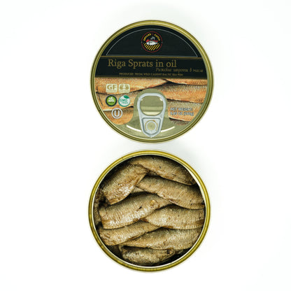 Grilled Catch Smoked Brisling Sardines in Oil - Riga Sprats, Large 8.45 oz Tin, Gourmet Sprotten, Wild-Caught, BPA-Free Tinned Fish, Rich in Omega-3, Vitamin D & A, Keto Friendly, No Preservatives