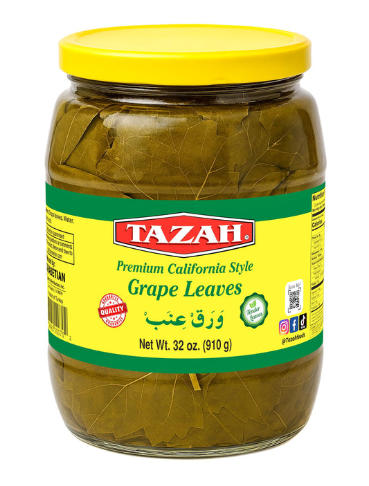 TAZAH California Style Turkish Grape Leaves in Jar – Vegan & Vegetarian – Perfect for Dolmas (Stuffed Grape Leaves) – Tender & Delicious – Net 32oz (Drained 16oz)