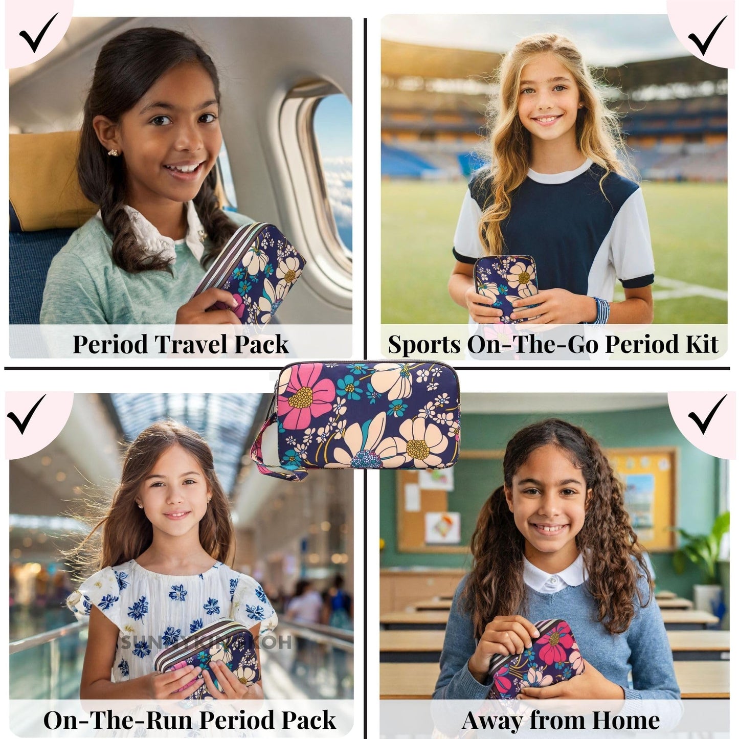 First Period Pal Pack to-Go Kit | 24 pcs | First Period Kit for Tweens | Teen Period Kit| Discrete Period Bag, Pads, Panty Liners, Period Kits for Tweens 10-12 (Florets)