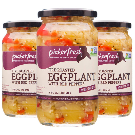 Pickerfresh Fire Roasted Eggplant with Red Peppers - Medium Hot Spread for Sandwiches, Hamburgers & Crackers - Simple Ingredients - Non-GMO, No Artificial Color & Preservatives - 16 oz (3 Pack)