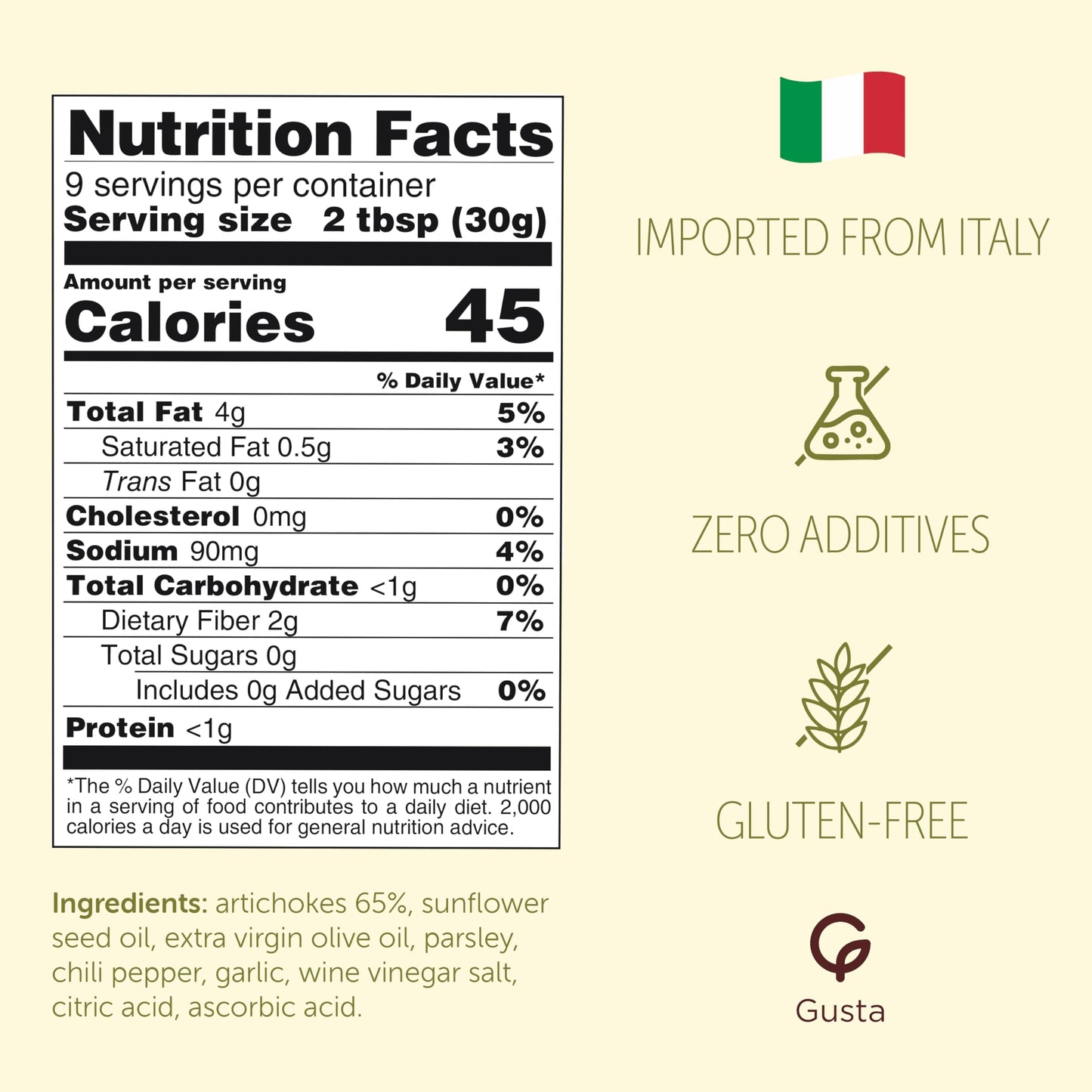 Gusta Artichokes in Olive Oil on a Bed of Spices - Made in Italy - Organic Artichokes Glass Jar with Extra Virgin Olive Oil - Non-GMO, All Natural - Perfect Snack - 9.88oz Glass Jar