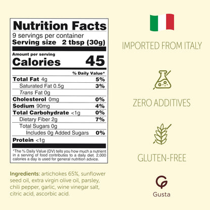 Gusta Artichokes in Olive Oil on a Bed of Spices - Made in Italy - Organic Artichokes Glass Jar with Extra Virgin Olive Oil - Non-GMO, All Natural - Perfect Snack - 9.88oz Glass Jar