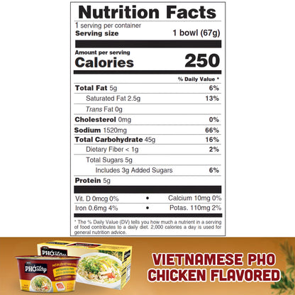 CHIN-SU Vietnamese Pho Noodle Bowl, Chicken Flavor, 2.4 oz, Instant Soup with Rice Noodles
