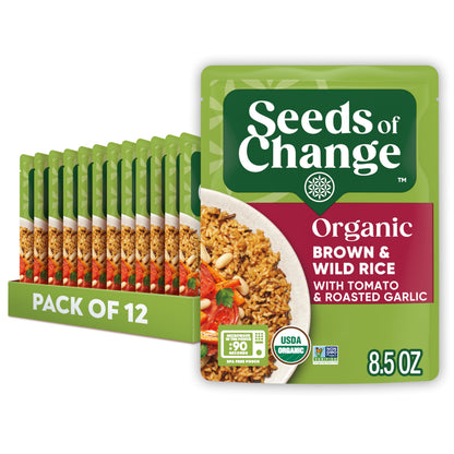 SEEDS OF CHANGE Certified Organic Brown and Wild Rice with Tomato & Roasted Garlic, Organic Food, 8.5 oz Pouch (Pack of 12)