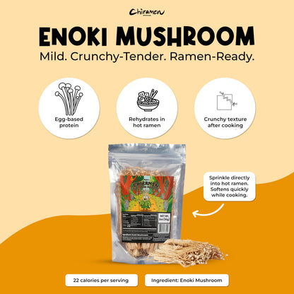 CHIRAMEN Dried Enoki Mushroom Ramen Toppings – Premium Freeze Dried Enoki Mushrooms for Ramen, Cup Noodles, Soups, Hot Pot & Asian Noodle Dishes