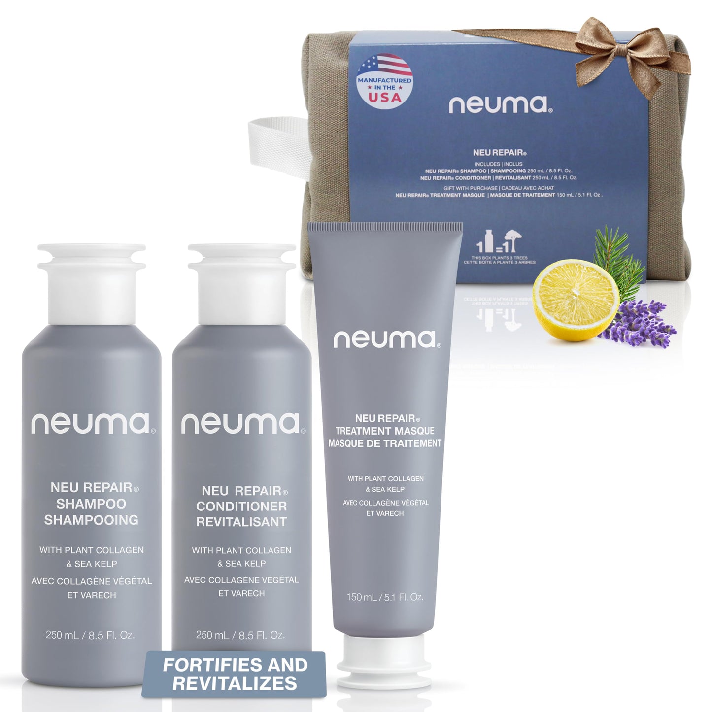 NEUMA Neu Repair Holiday Gift Set — Neu Repair Shampoo (8.5 Fl. Oz.), Neu Repair Conditioner (8.5 Fl. Oz.), and Repair Treatment Masque (5.1 Fl. Oz.) — Hair Repair Treatment for Damaged Hair