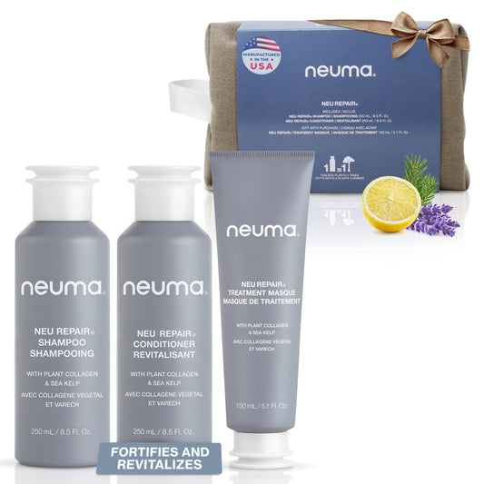 NEUMA Neu Repair Holiday Gift Set — Neu Repair Shampoo (8.5 Fl. Oz.), Neu Repair Conditioner (8.5 Fl. Oz.), and Repair Treatment Masque (5.1 Fl. Oz.) — Hair Repair Treatment for Damaged Hair