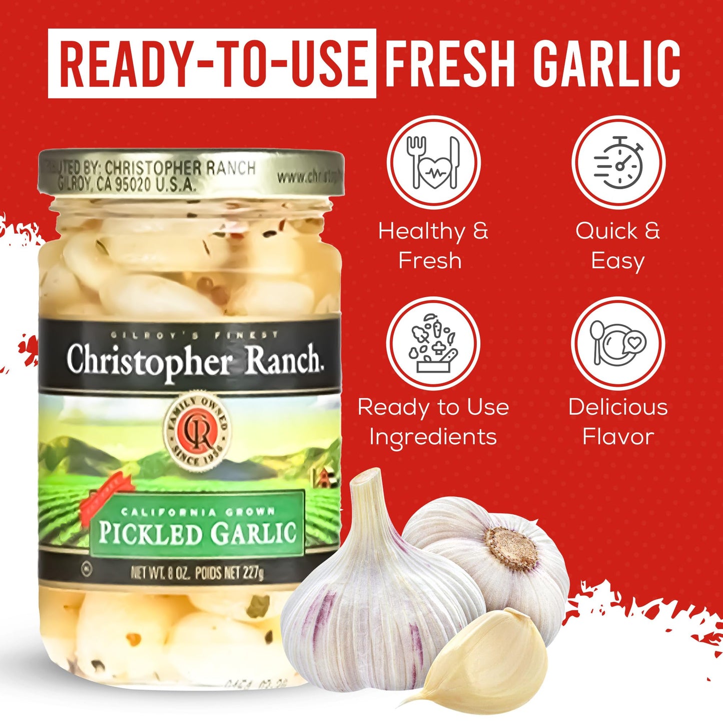Christopher Ranch Pickled Garlic Cloves in a Jar | 100% California-Grown Fresh Garlic | Peeled and Pickled for Convenience | Ideal for Cooking, Snacking & Pickled Vegetables Lovers | 8 oz (Pack of 2)