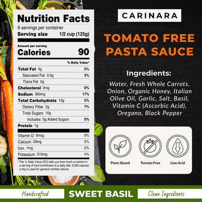 CARINARA Tomato-Free Pasta Sauce – 25oz | Carrot-Based Marinara Alternative with Garlic, Onion & Basil | Vegan, Gluten-Free, Low-Acid, No Sugar, No Tomato Sauce for Pasta, Pizza & Dips (25 Oz (Pack of 1), Sweet Basil)