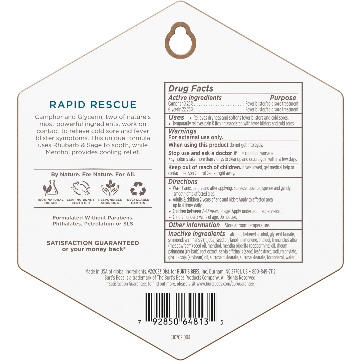 Burt's Bees Cold Sore Treatment, with Rhubarb and Sage Complex, Natural Origin Skin Care, 1 Tube, 0.07 oz.