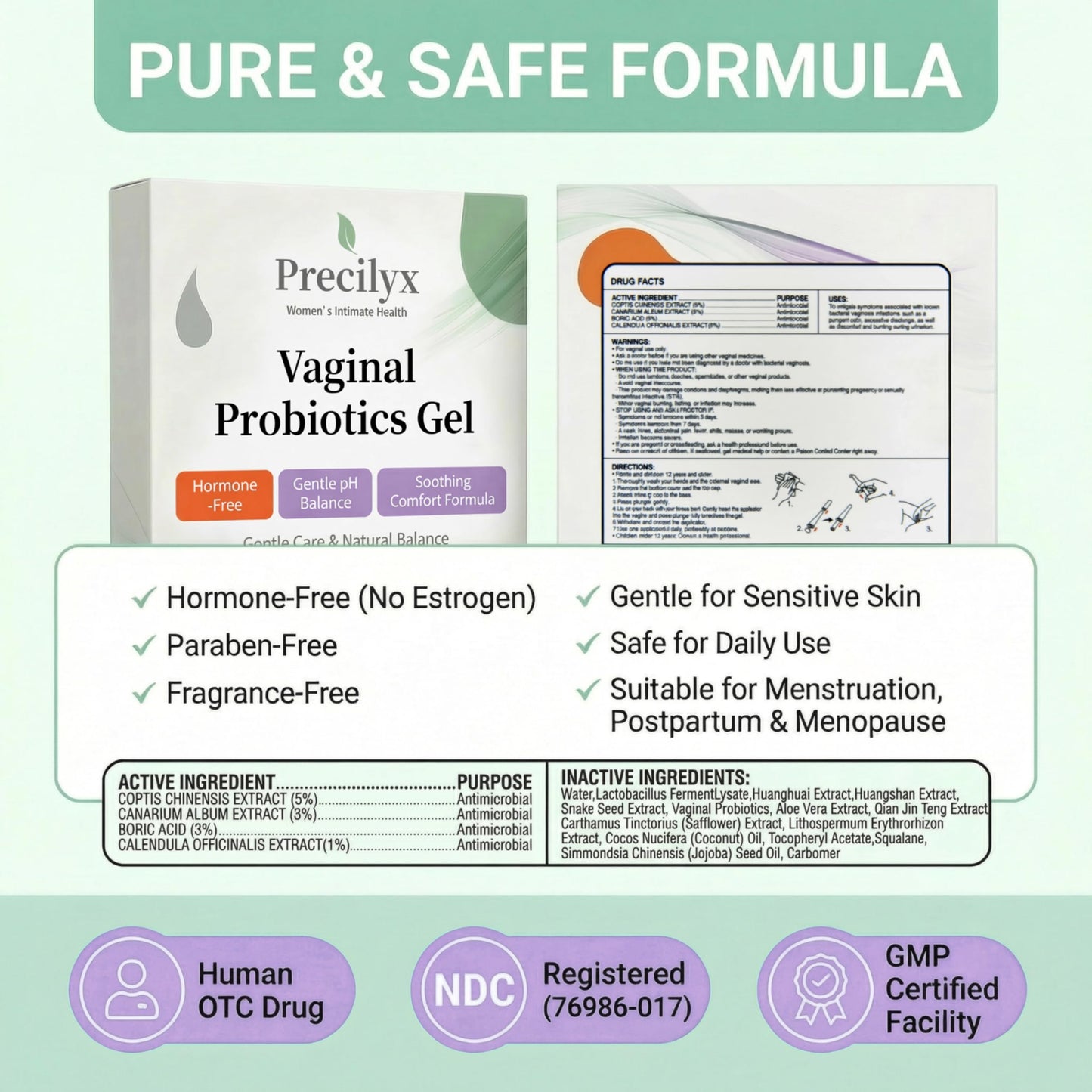 Vaginal Probiotics Intimate Care Gel for Women with Boric Acid Odor Control,Itch Relief & pH Balance Hormone-Free | BV & Yeast Infection Care | Dryness Moisturizer,7 Pre-Filled Applicators