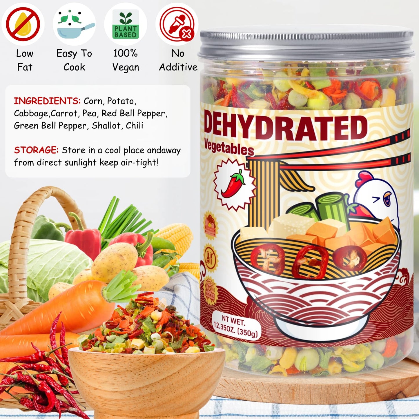 Dried Ramen Toppings Dehydrated Vegetables – 9 Mixed Vegetable Green & Red Bell Peppers, 12.35oz Natural Dried Veggie Flakes for Ramen Noodles, Camping Food Emergency Supply, Soups, Vegan