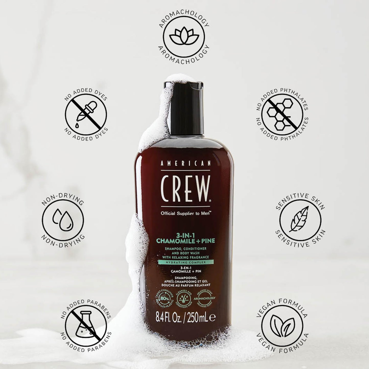 AMERICAN CREW 3-in-1 Chamomile & Pine, Shampoo, Conditioner & Body Wash for Men, All-in-One Care with Calming and Relaxing Fragrance, 15.2 fl oz