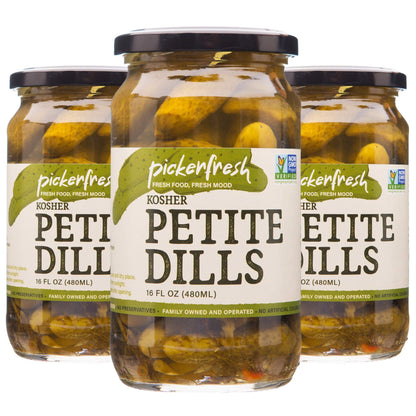 Pickerfresh Kosher Baby Dill Pickles, Petite Dills - Garlic, Dill & Red Pepper Cornichons - Simple Ingredients - Non-GMO, No Artificial Color & No Preservatives - 16 oz (3 Pack)