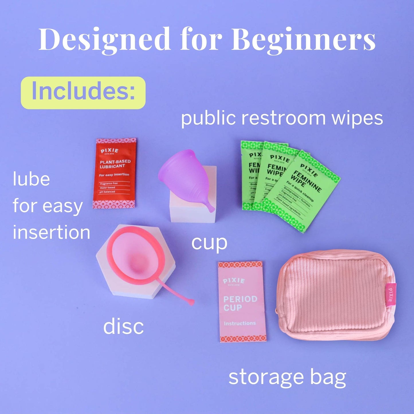 Pixie Menstrual Cup & Disc Duo for Feminine Care - Ranked 1 for Most Comfortable Reusable Period Cup & Disc - Buy One We Give One - Includes Ebook Guide, Flushable Wipes, Lube, Sanitizer & Storage Bag