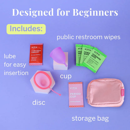 Pixie Menstrual Cup & Disc Duo for Feminine Care - Ranked 1 for Most Comfortable Reusable Period Cup & Disc - Buy One We Give One - Includes Ebook Guide, Flushable Wipes, Lube, Sanitizer & Storage Bag