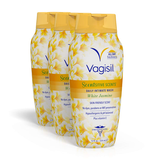 Vagisil Feminine Wash for Intimate Area Hygiene, Scentsitive Scents, pH Balanced and Gynecologist Tested, White Jasmine, 12 oz (Pack of 3)