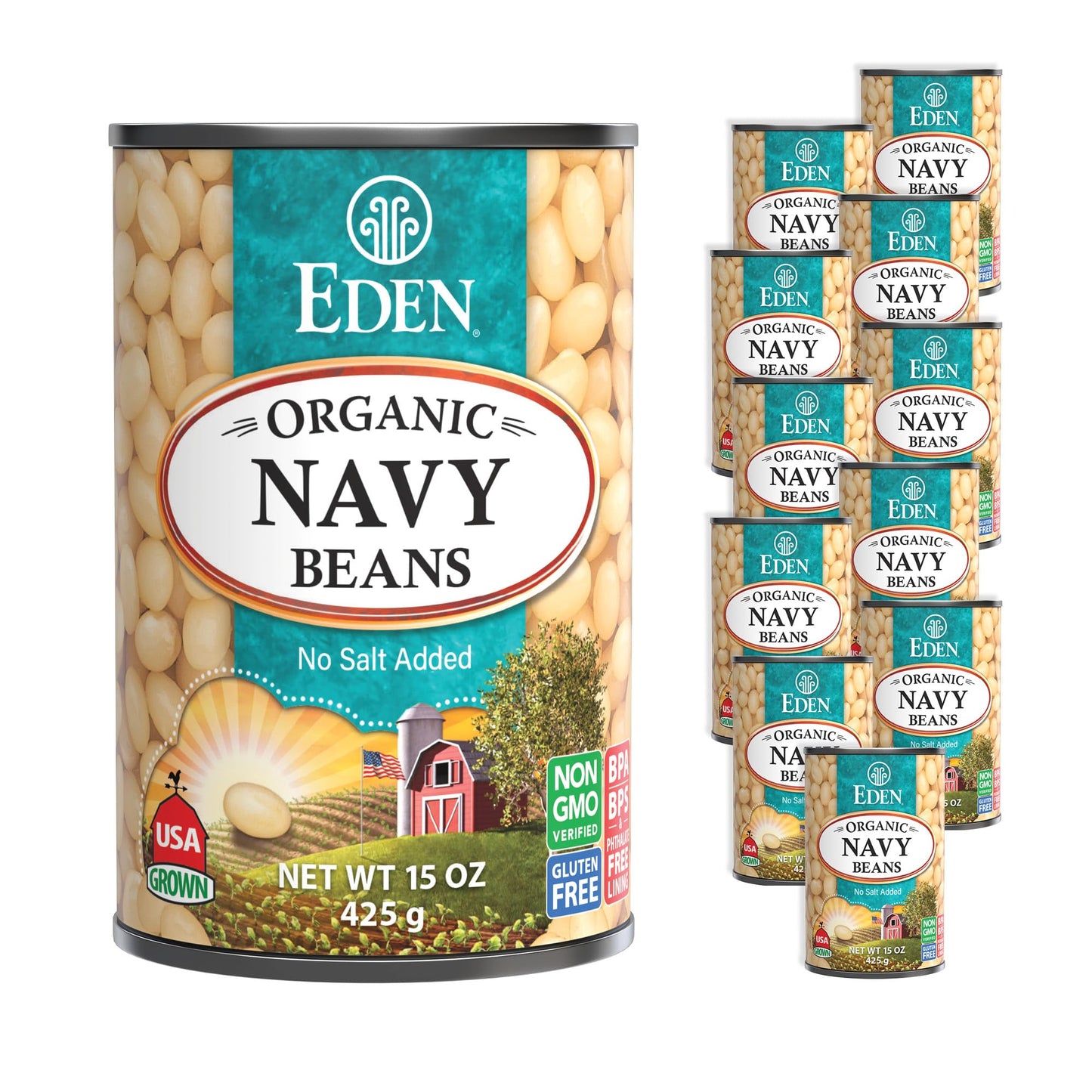 Eden Organic Navy Beans/White Beans, 15 oz Can (12-Pack), No Salt, Non-GMO, Gluten Free, Vegan, Kosher, U.S. Grown, Heat and Serve, Macrobiotic, Boston Bean