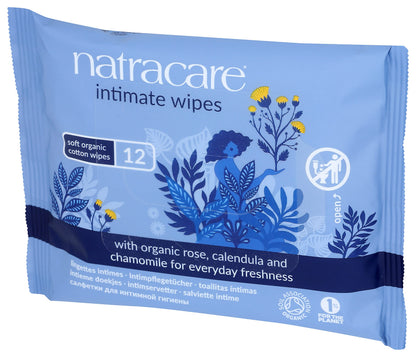 Natracare Organic Cotton Intimate Wipes Infused with Organic Essential Oils of Chamomile, Calendula and French Rose, 12 Wipes per pack (1 Pack, 12 wipes total)