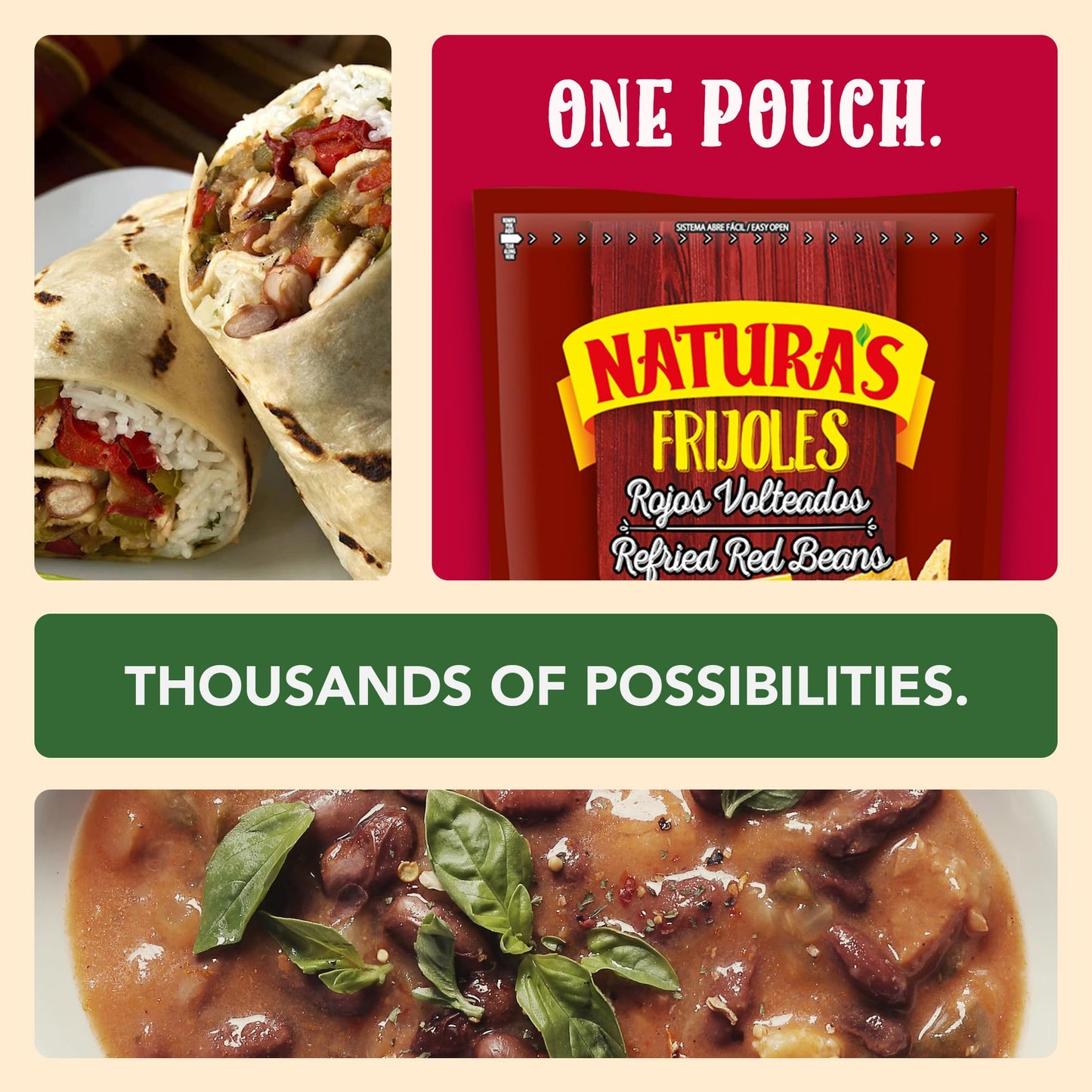 NATURA'S Refried Red Beans, Ready-to-Eat Vegetarian Refried Beans, Frijoles Rojos 26.45 oz Pouch (Pack of 12)