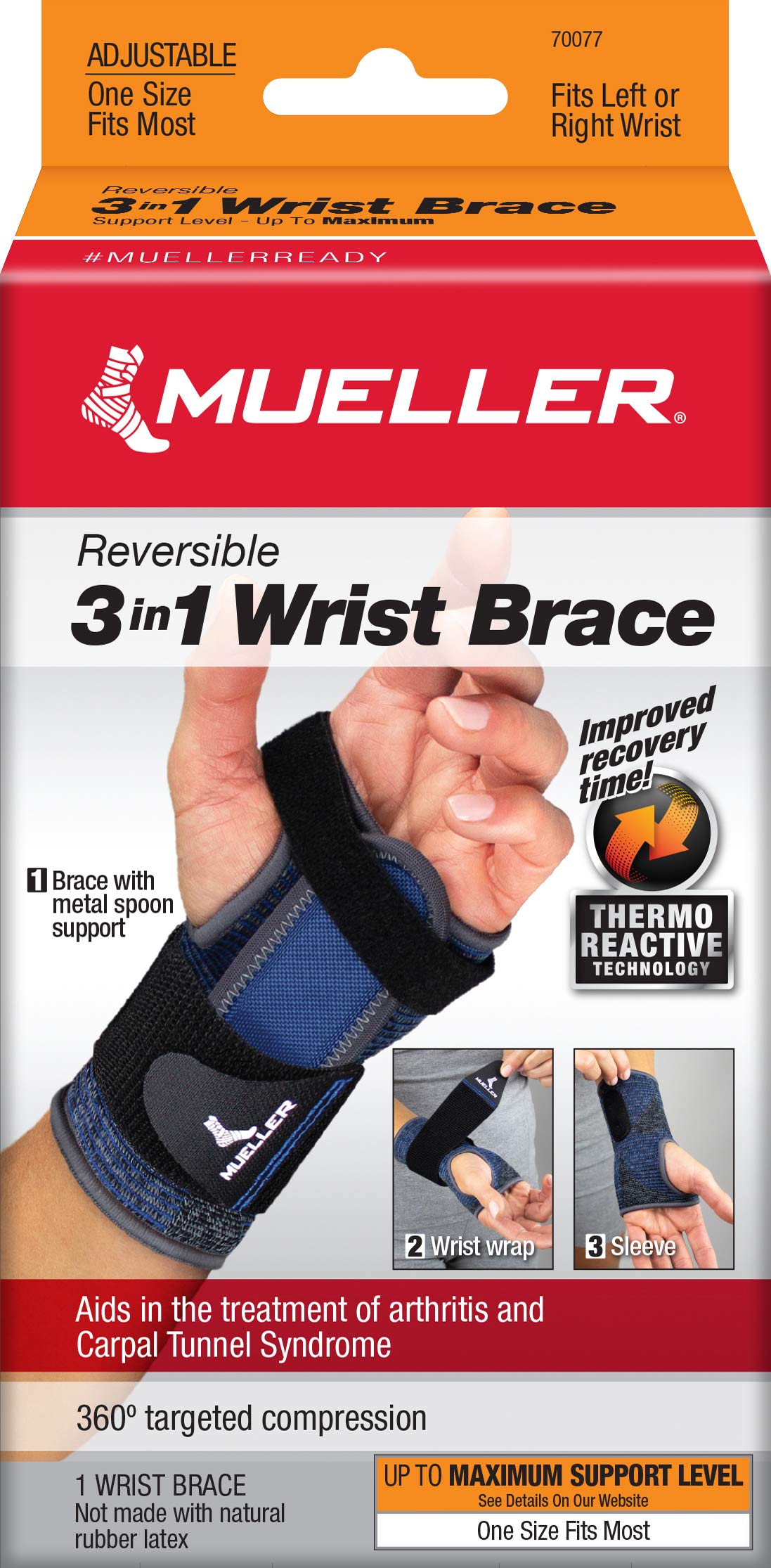 MUELLER Sports Medicine Reversible 3-in-1 Wrist Brace, Wrist Pain Relief Support for Men and Women, Ideal for Carpal Tunnel, Tendinitis, Arthritis, Black/Blue, One Size