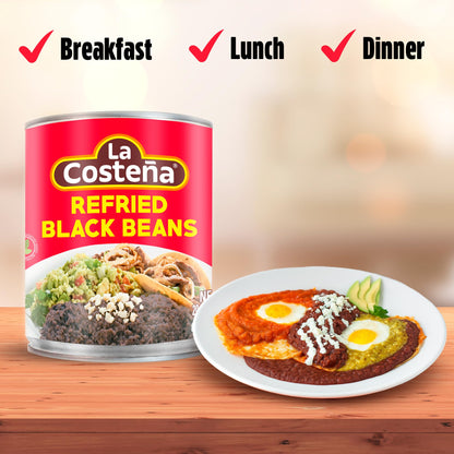La Costeña Refried Black Beans - Ready-to-Eat Canned Refried Beans for Mexican Food, Mexican Rice, Nacho Bean Dip, Bean Burrito, Burger, Carne Asada, Fajita & Taco Seasoning - 20.5oz, 6 Pack Cans