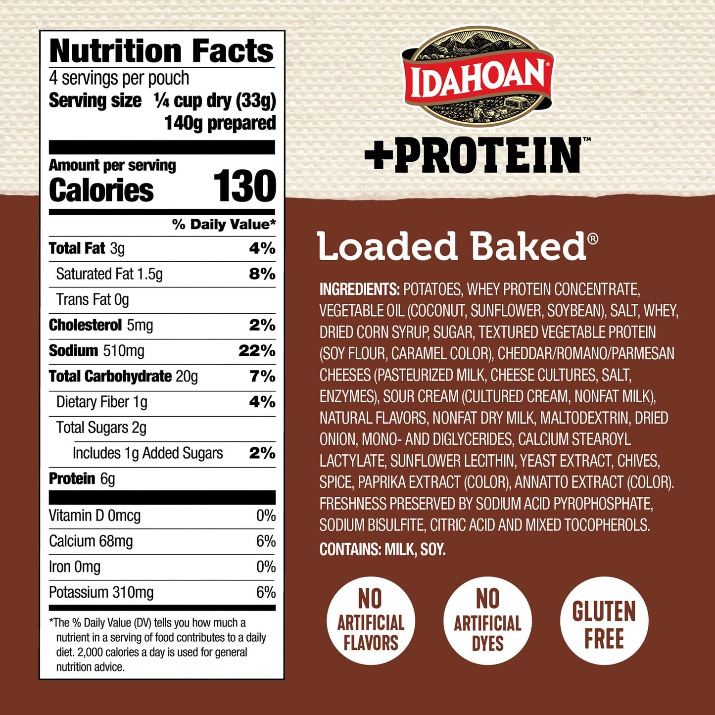 Idahoan Loaded Baked +Protein Mashed Potatoes, Naturally Gluten-Free, 100% Real Idaho Potatoes, 4 servings per bag, 4.6 ounce (Pack of 10)