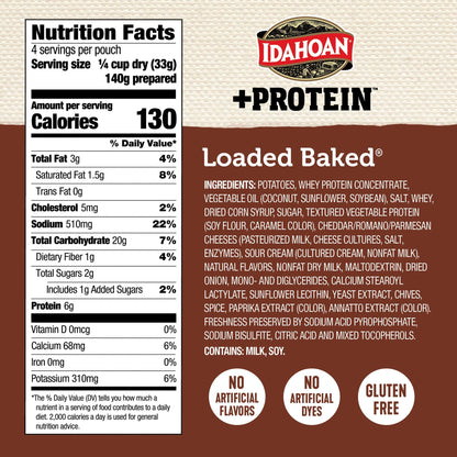Idahoan Loaded Baked +Protein Mashed Potatoes, Naturally Gluten-Free, 100% Real Idaho Potatoes, 4 servings per bag, 4.6 ounce (Pack of 10)